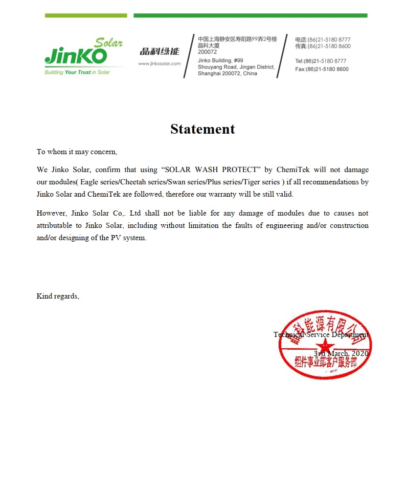 JINKO2_CHEMITEK_Statement for Cleaning Product_SWP