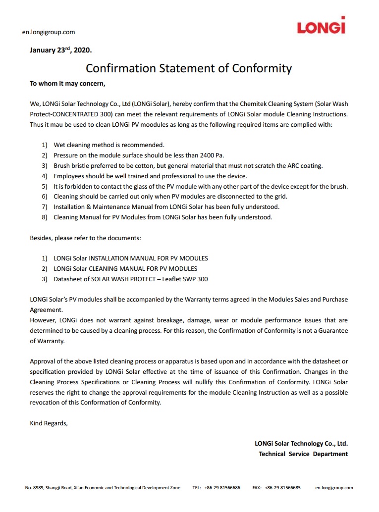 LONGI_CHEMITEK_Statement for Cleaning Product_SWP