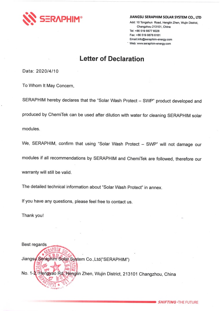 SERAPHIMEnergy_CHEMITEK_Statement for Cleaning Product_SWP