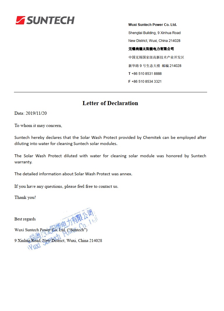 SUNTECHPower_CHEMITEK_Statement for Cleaning Product_SWP