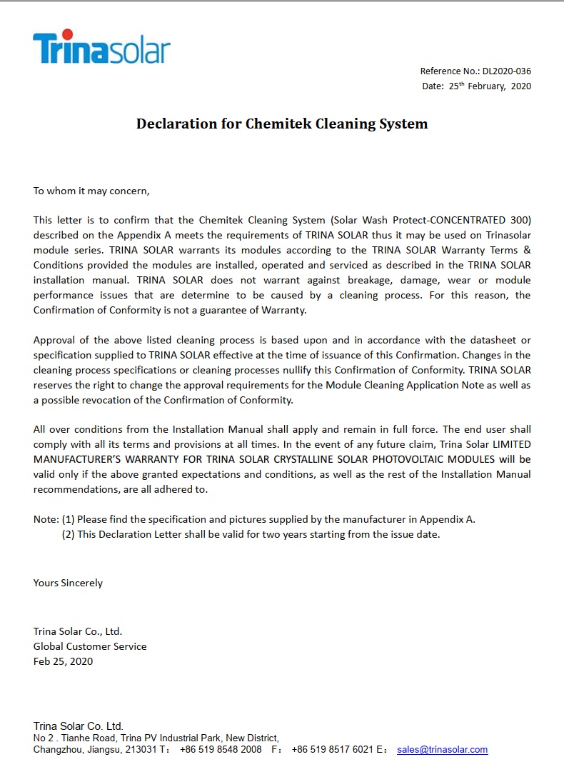 TRINASolar_CHEMITEK_Statement for Cleaning Product_SWP