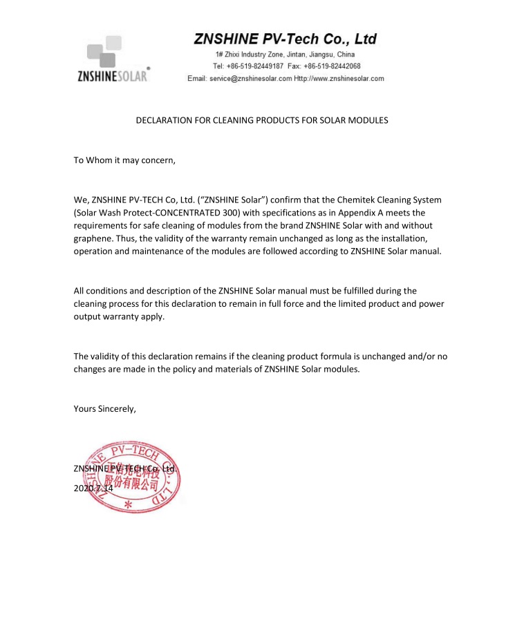 ZNSHINESOLAR_CHEMITEK_Statement for Cleaning Product_SWP